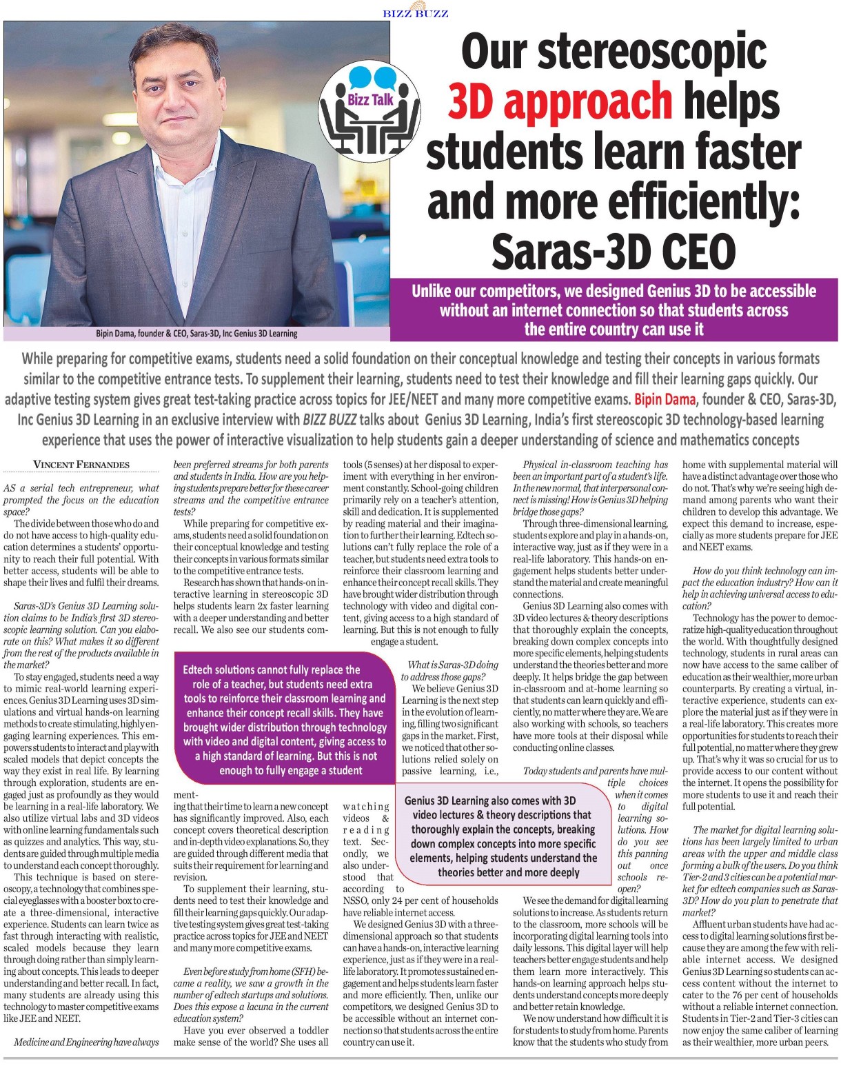Our stereoscopic 3D approach helps students learn faster and more efficiently - Saras-3D CEO